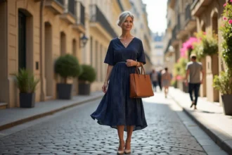 Femme élégante de 55 ans portant une robe trapèze bleu marine dans une rue parisienne ensoleillée, coiffure chignon argenté et accessoires neutres