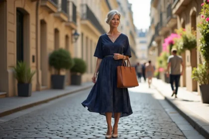Femme élégante de 55 ans portant une robe trapèze bleu marine dans une rue parisienne ensoleillée, coiffure chignon argenté et accessoires neutres