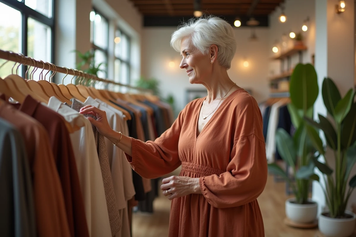 Femme de 58 ans aux cheveux blancs en robe trapèze terracotta en lin dans une boutique de mode contemporaine, style décontracté chic pour les plus de 50 ans
