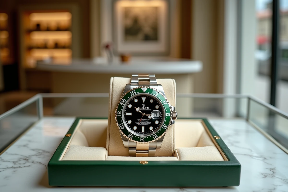 Rolex GMT-Master II 126710GRNR présentée sur un plateau en velours dans une boutique horlogère de luxe à Genève, lunette céramique verte et noire en évidence
