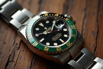 Rolex GMT-Master II 126710GRNR avec lunette céramique noire et verte posée sur une surface en noyer, vue macro du cadran et du bracelet Oystersteel