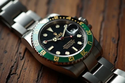 Rolex GMT-Master II 126710GRNR avec lunette céramique noire et verte posée sur une surface en noyer, vue macro du cadran et du bracelet Oystersteel