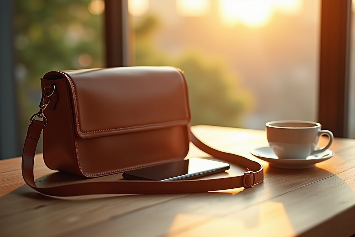 Sac à bandoulière minimaliste sur une table en bois avec accessoires