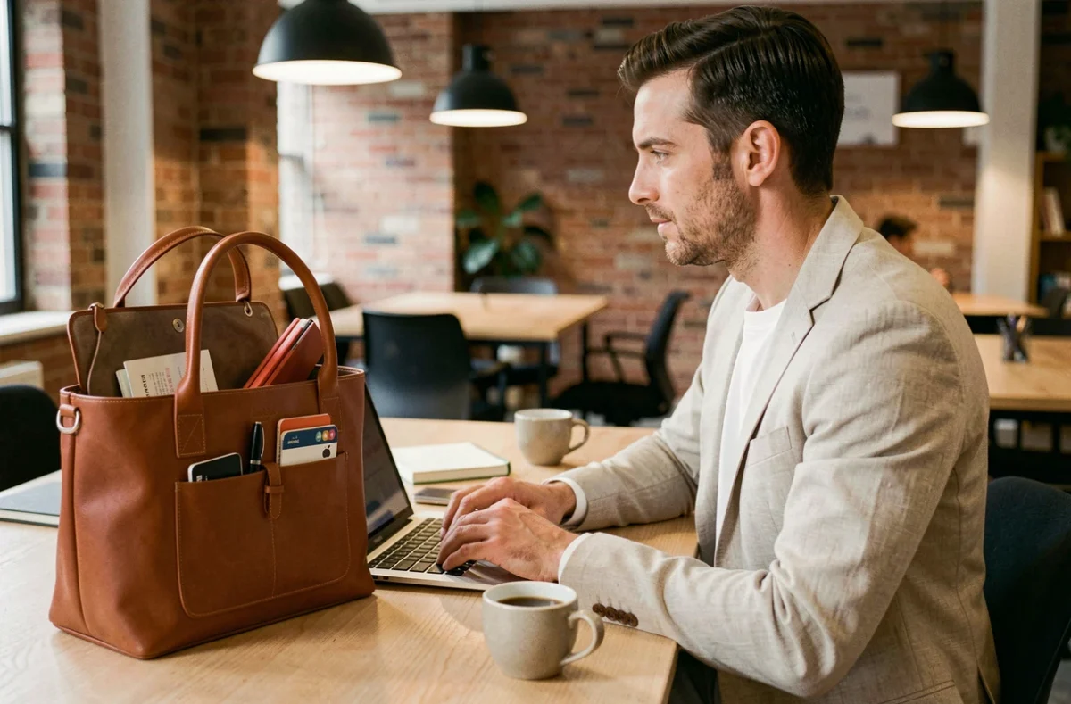 Homme assis à un bureau en co-working avec une sacoche tote en cuir cognac ouverte révélant son organisation intérieure, style bureau décontracté