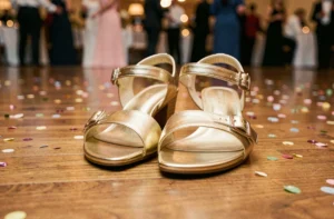 Sandales dorées à petit talon sur un parquet de danse avec confettis en arrière-plan