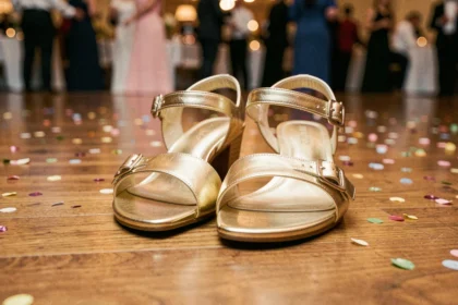 Sandales dorées à petit talon sur un parquet de danse avec confettis en arrière-plan