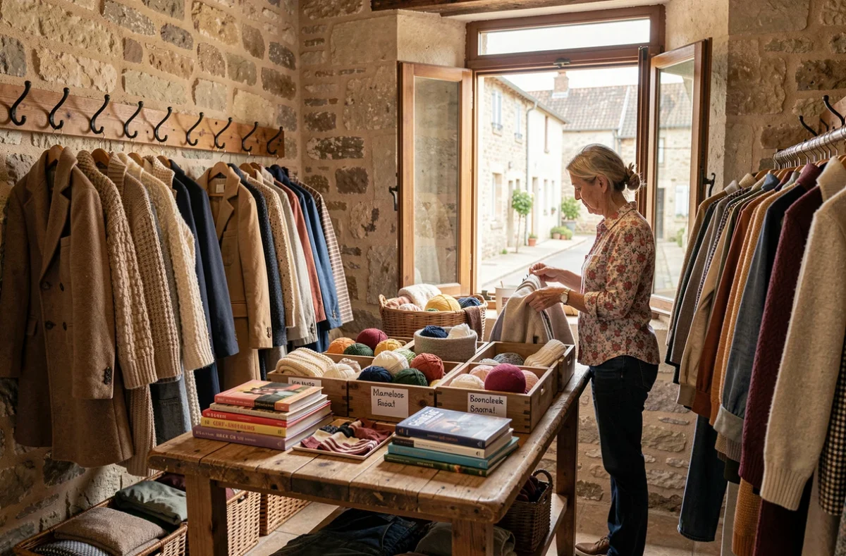 Intérieur d'une friperie associative dans le Charolais-Brionnais près de Chauffailles avec des vêtements en laine et une bénévole