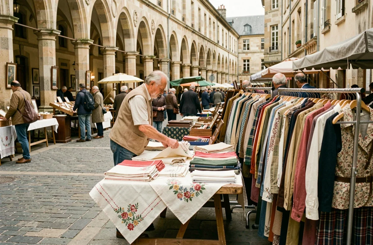 Marché de seconde main sous les arcades de Louhans avec vêtements vintage et linge ancien en Bresse