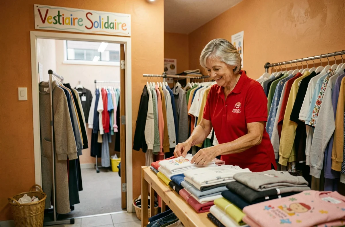 Bénévole du Secours Populaire de Mâcon rangeant des vêtements dans le vestiaire solidaire