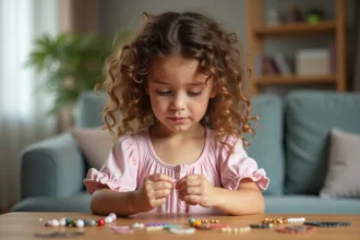 Jeune fille examinant un bracelet enfant en toute sécurité à la maison, illustrant les normes de sécurité des bijoux pour enfants