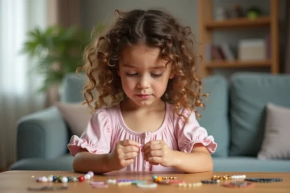 Jeune fille examinant un bracelet enfant en toute sécurité à la maison, illustrant les normes de sécurité des bijoux pour enfants