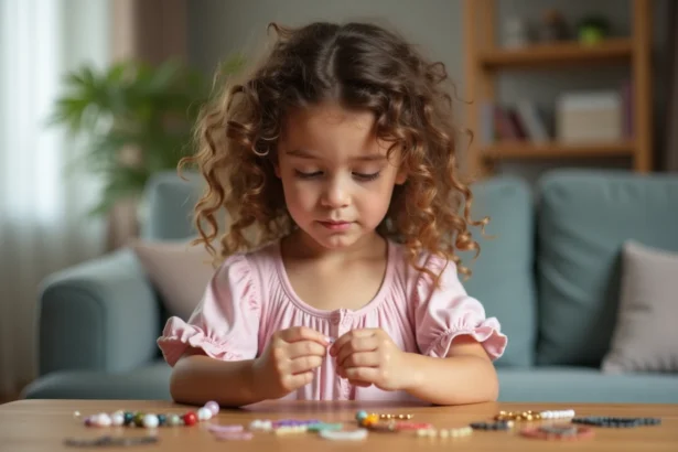 Jeune fille examinant un bracelet enfant en toute sécurité à la maison, illustrant les normes de sécurité des bijoux pour enfants