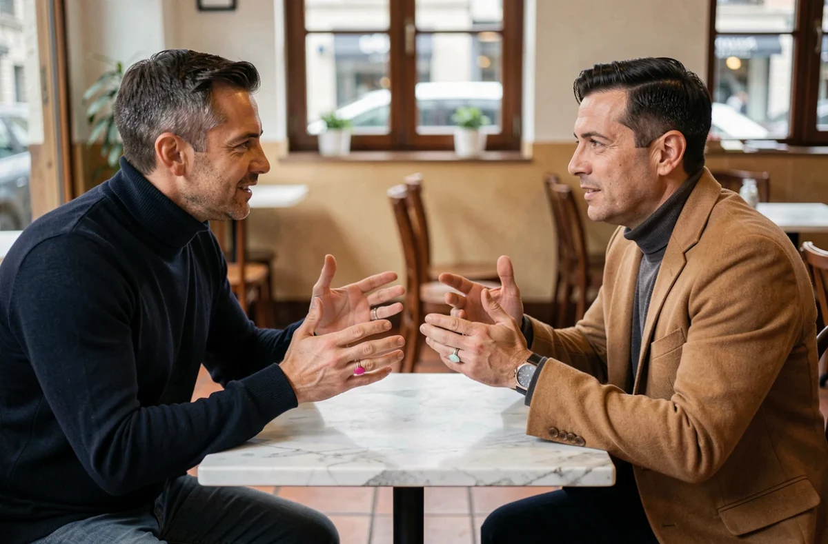 Deux hommes portant des bagues au petit doigt en conversation dans un café au décor chaleureux