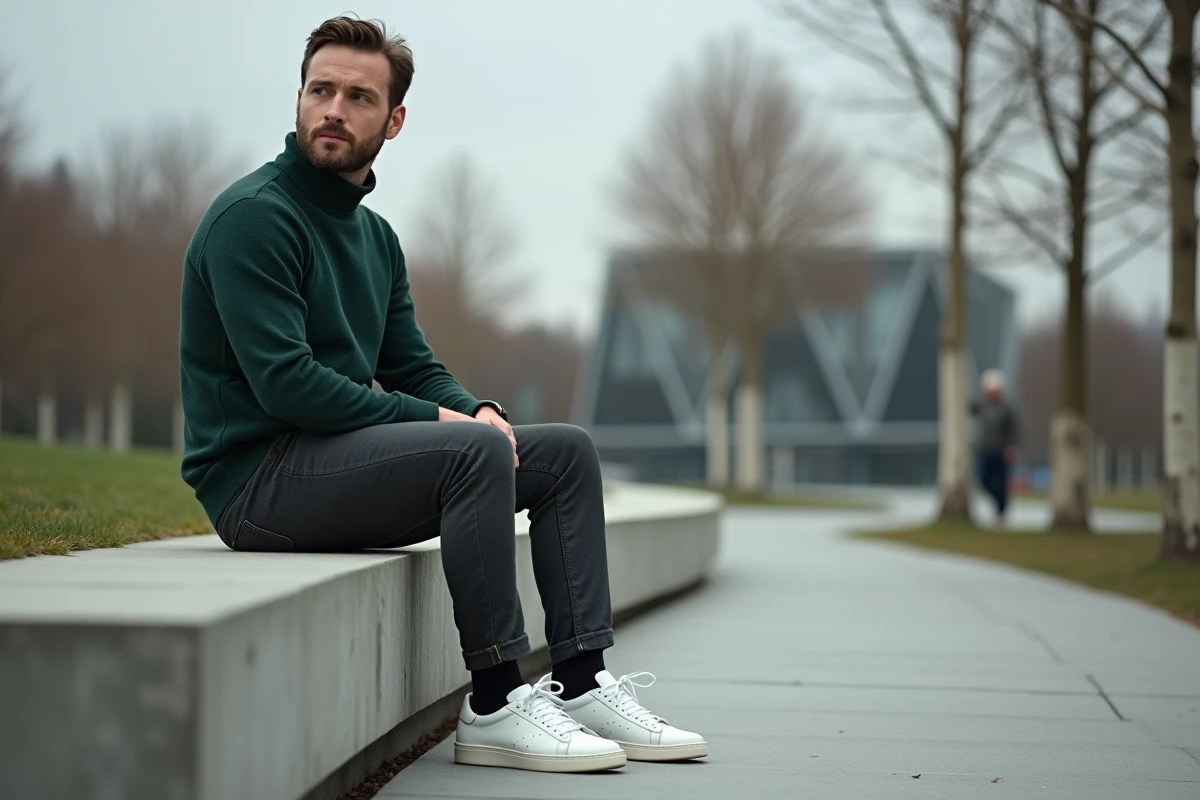 Homme assis en sneakers blanches minimalistes d'une marque française dans un parc urbain contemporain