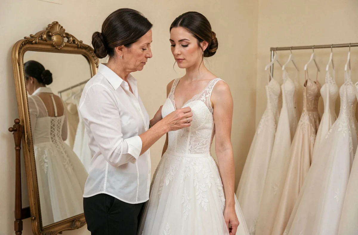 Couturière du Tailleur Couturier à Aix-en-Provence ajustant le corsage en dentelle d'une robe de mariée lors d'un essayage