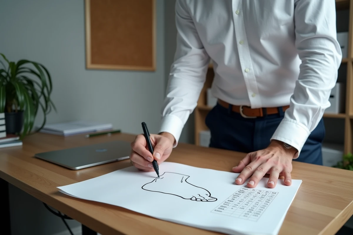 Homme traçant le contour de son pied sur une feuille de papier avec un stylo pour déterminer sa pointure en taille UK