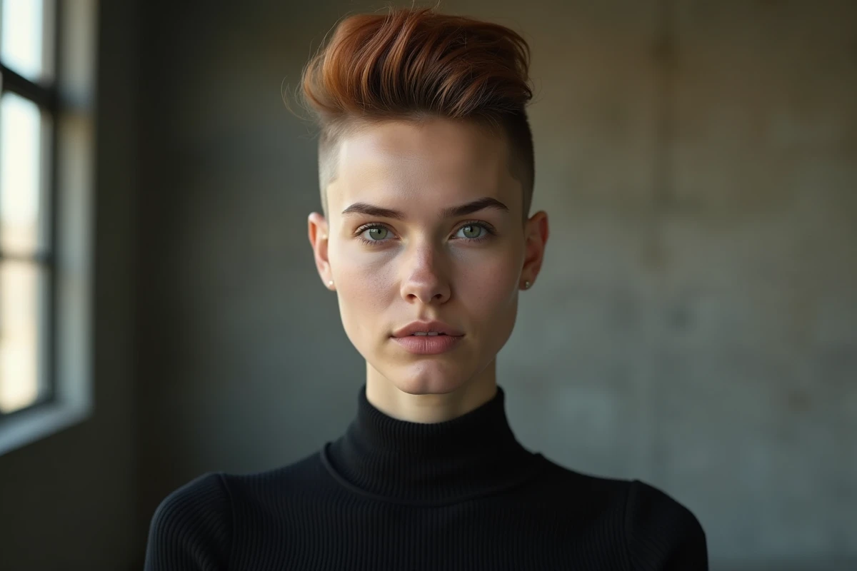Jeune femme avec coupe undercut auburn aux côtés rasés dans un studio urbain minimaliste