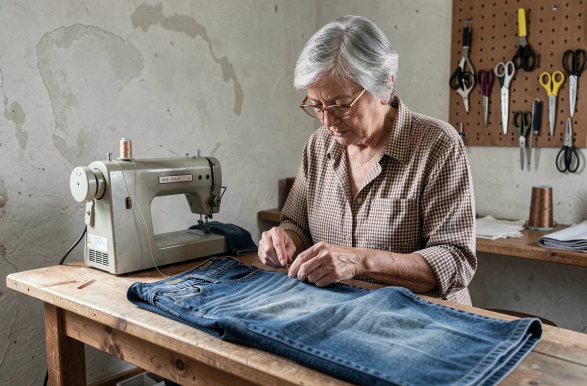 Couturière d'Unlimited-Age à Jouques enfilant une aiguille sur une pièce de tissu denim dans son atelier de retouche textile simple et fonctionnel