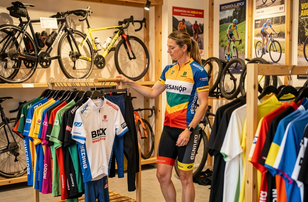 Cycliste féminine choisissant un maillot de cyclisme dans la boutique Vélosphère à Besançon
