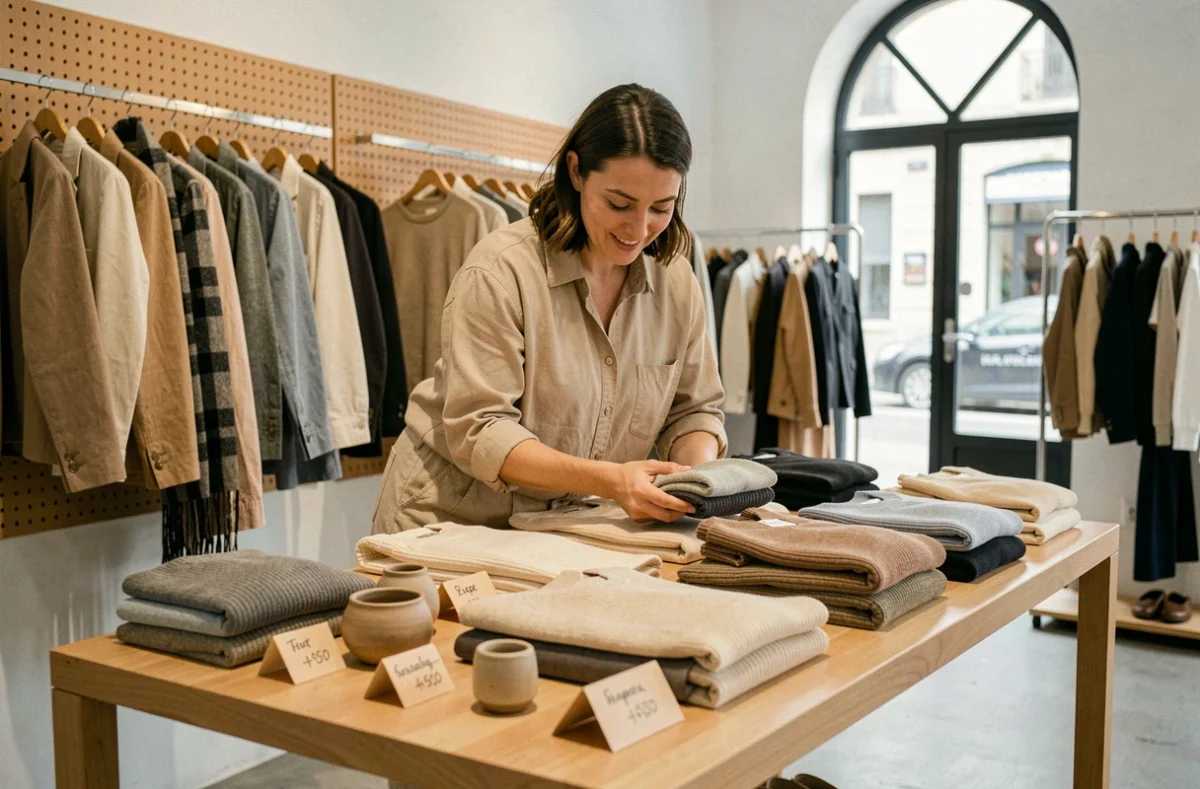 Vendeuse arrangeant des vêtements sur une table de présentation dans une boutique de mode minimaliste à Marseille