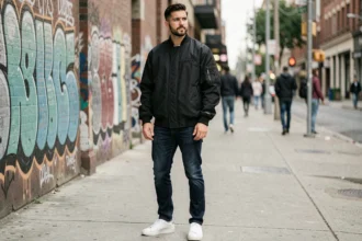 Homme en veste bomber streetwear noire oversize posant dans une rue urbaine avec baskets blanches et jean indigo