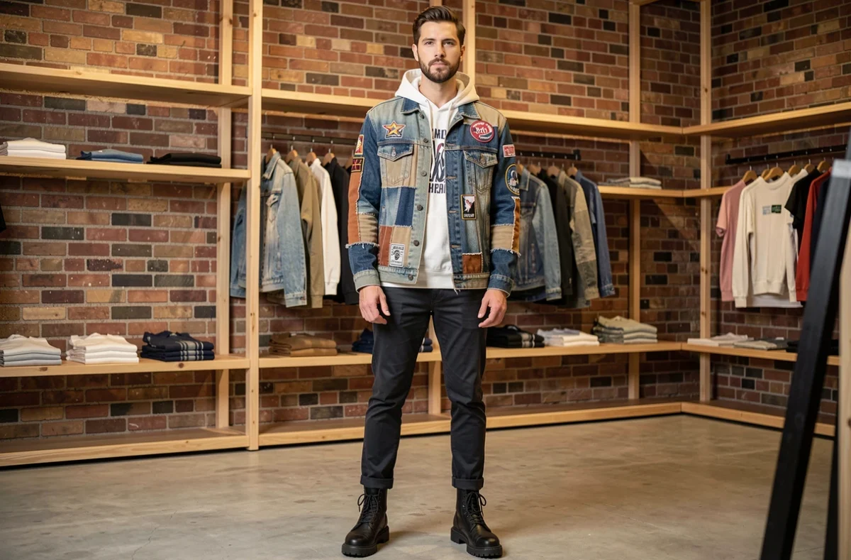 Homme portant une veste streetwear en denim patchwork dans un concept store minimaliste avec murs en briques apparentes