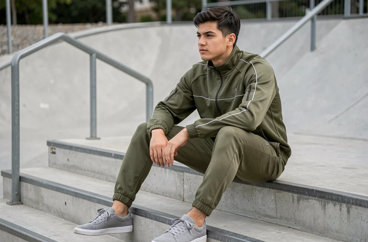 Jeune homme en veste de survêtement streetwear vert olive assis sur des marches de béton près d'un skatepark