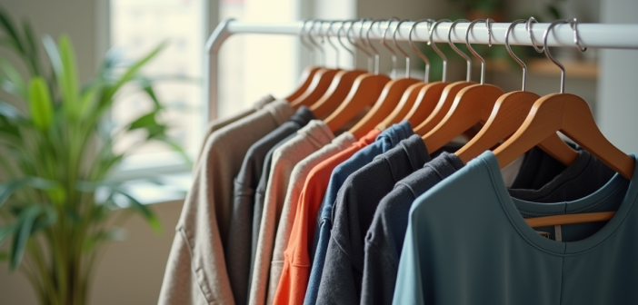 Vêtements seconde main suspendus avec lumière naturelle