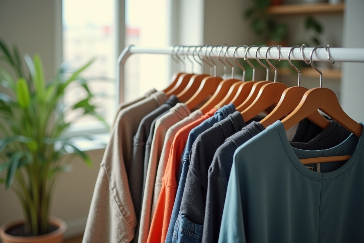 Vêtements seconde main suspendus avec lumière naturelle