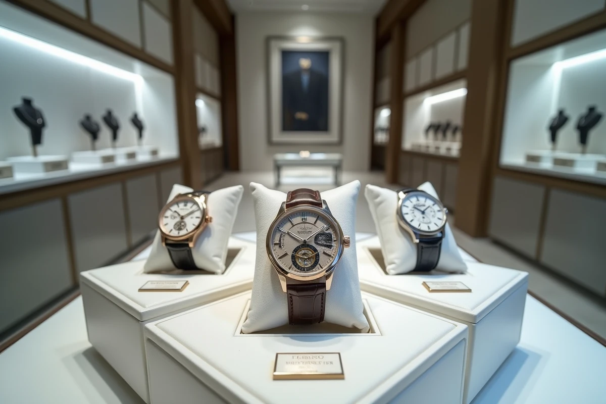 Vitrine de boutique horlogère de luxe présentant trois montres exceptionnelles en or rose, platine et titane sur coussins en velours blanc